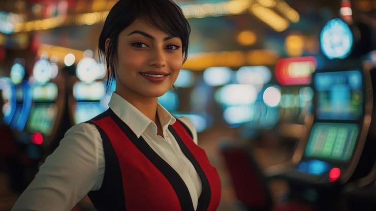 Ilustrasi gulungan mesin slot dengan simbol-simbol khas permainan kasino digital